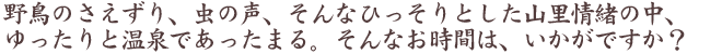 野鳥のさえずり、虫の声、そんなひっそりとした山里情緒の中、ゆったりと温泉であったまる。そんなお時間は、いかがですか？